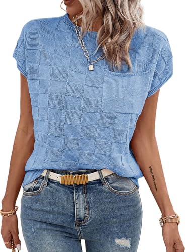 Image of SHEWIN Womens Tops Casual Crewneck Short Sleeve Shirts Lightweight Cap Sleeve Knit Sweater Vest Summer Tops