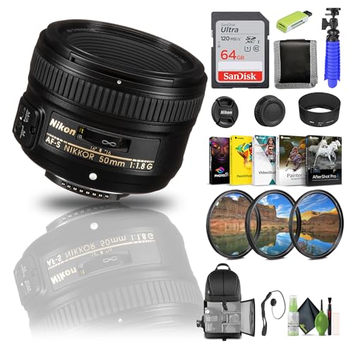Nikon AF-S NIKKOR 50mm f/1.8G Lens (2199) Compact Lens for Nikon FX and DX DSLR Cameras + 64GB Card + Filter Kit + Backpack + Card Reader + Photo Software + More