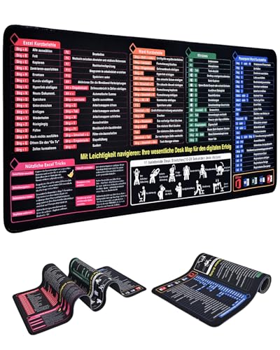 Großformatige Schreibtischunterlage mit Excel-Kurzbefehlen & Tastaturkürzeln - Wasserdichte Büro Gaming Mousepad Rutschfest Vernähte Kanten für Word/Outlook/PowerPoint (German A)