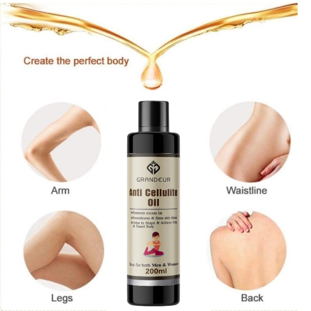 Grandeur Anti Cellulite & Skin Toning Fat Burning Oil & Slimming Oil For Stomach, Hips, Thighs, Body and Arms - 200ml | Weight loss Management | Helps achieving Tonned Body |