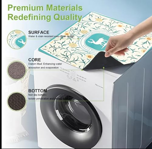 Image of Homecloud Non-Slip Washing Machine Mat - Durable Waterproof Protective Cover for Washer & Dryer, Dust-Resistant Mat Ideal for Laundry Room & Kitchen Appliances | 60x60 cm (Dark Green)