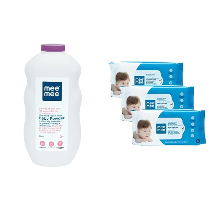 Mee Mee Fresh Feel Baby Powder, 500g & Caring Baby Wet Wipes with Aloe Vera (72 pcs/Pack) (Pack of 3) Combo