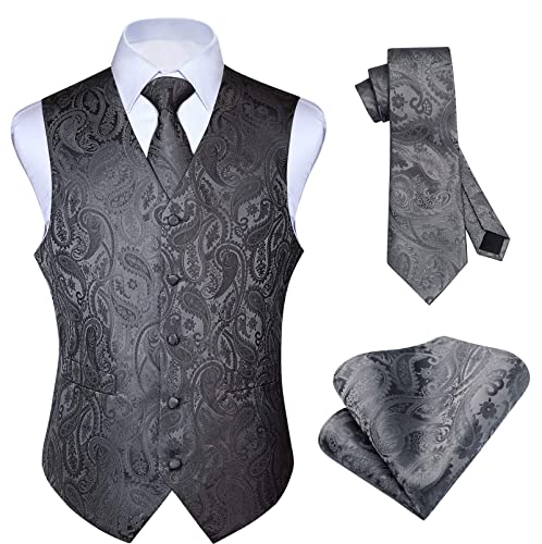 Image of HISDERN Vest and Tie Sets for Men Vests Paisley Floral Jacquard Necktie Pocket Square 3PCS Waistcoat for Suit or Tuxedo
