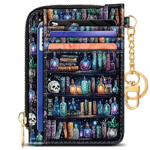 Image of GIANCOMICS Slim Wallet Credit Card Holder Women, Goth Bookshelf Rfid Blocking Small Card Case, Keychain Thin Pocket Curved Zipper Wallet, Travel Card Holder PU Leather ID Window, Ladies Female Gifts