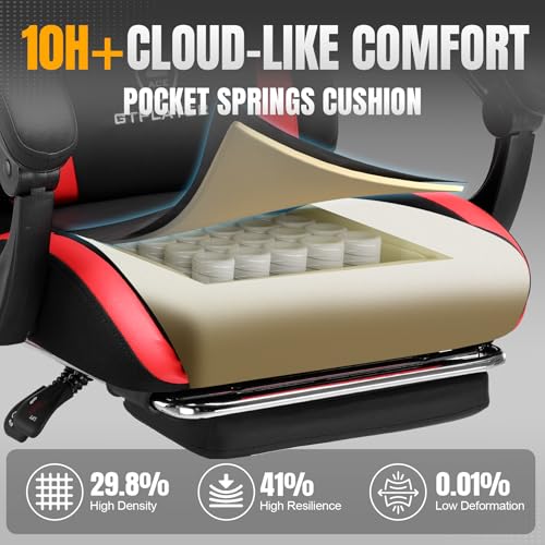 GTRACING Gaming Chair with Foot Rest & Pocket Spring Cushion, Ergonomic High Back Computer Chair with Headrest & 360°-Swivel Seat for Home Office Desk, PU Leather, Red