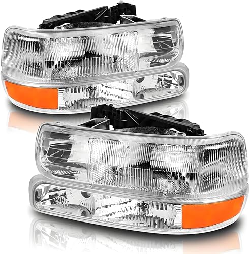 OE -Style Headlights Assembly Compatible with 1999 2000 2001 2002 Chevy Silverado 1500 2500 2000-2006 Tahoe Suburban Headlamp with Bumper Turn Signal Lights Chrome Housing Amber Reflector
