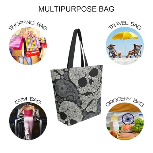 Image of Halloween Skull Canvas Tote Grocery Bag Shoulder Casual Book Bag Large for Women Teachers, Sugar Skull Cotton Bag Shopping Purse Handbag Reusable Multipurpose Use