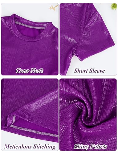Image of Happy Cherry Kid Girl Shiny Skirt and Top Set 2 Piece Texture Ribbed Metallic Disco Rave Cheer Outfit 4-12T