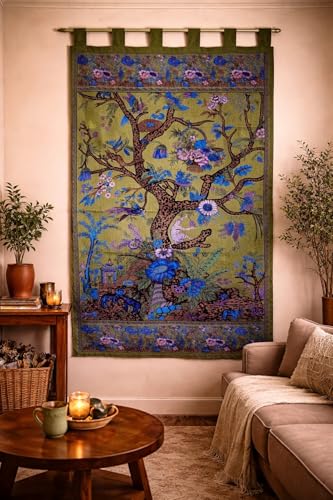 Tree of Life Tab Top Curtain-Drape-Door Panel-Olive 44 x 88 Inches 100% Cotton