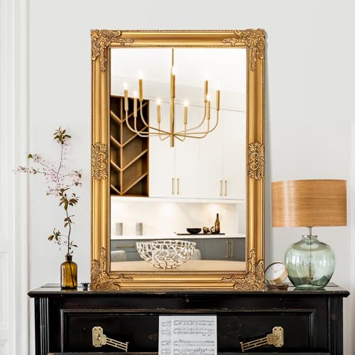 TRAHOME Vintage Gold Mirror for Wall, 24"x36" Antique Decorative Baroque Mirror with Imitation Metal Frame, Ornate Decorative Wall Mirror Decor for Entryway, Fireplace, Living Room, Hallway