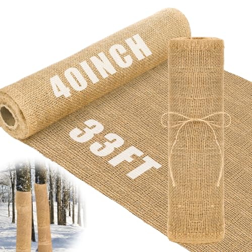 Buryeah 40 Inch x 33 ft Burlap Fabrics Roll Natural Jute Burlap Garden Tree Wrap Outdoor Weed Barrier DIY Fall Halloween Craft Winter Frost Plant Landscape Blankets Cloth for Plant Gardening Shrubs