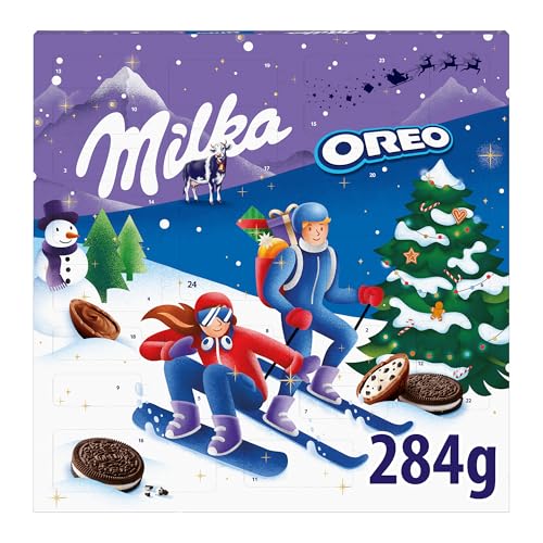 Calendario Adviento en Mercadona Milka Oreo Calendario de Adviento Chocolate con Leche de los Alpes y Galletas de Cacao, Edición Especial Navidad- 284g