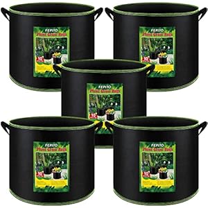 FEPITO 5 Pack 10 Gallon Grow Bags Heavy Duty Aeration Fabric Pots Plant Grow Bags with Handles Thickened Nonwoven Fabric Pots for Vegetable Fruits Flowers Plant