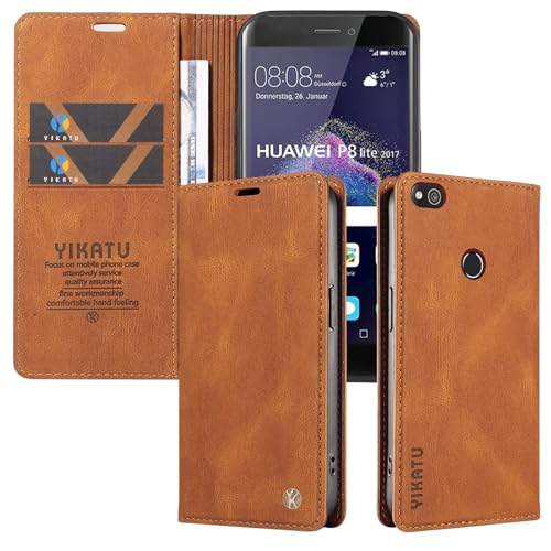 xinyunew Leder Schutz für Huawei P8 lite 2017 Hülle PU Leder Handyhülle Lederhülle Klapphülle Kartenfach Flip Cover für Huawei P8 lite 2017 Handy hülle Leather Wallet Phone Hülle Braun