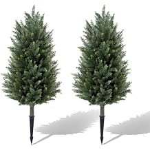 Pair Artificial Cedar Topiary Trees, 3ft UV-Resistant Faux Cypress shrubs w/Ground Spikes Including Lights,Tall Evergreen Decorative Plants for Outdoor & Indoor Porch, Patio, and Garden