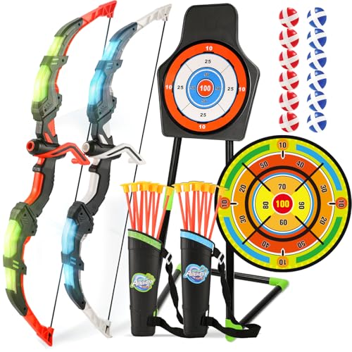 2 Pack Bow and Arrow Set with 29in Large Dart Board LED Light Up Archery Set for Kids with 20 Suction Cup Arrows&12 Sticky Balls Standing Target Indoor Outdoor Toys Must Have for Boys Girls 3-12 yo