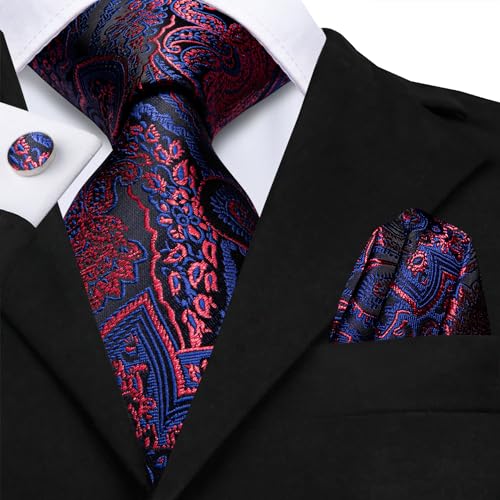 Image of Hi-Tie Paisley Floral Ties Set for Men Silk Mens Stripes Necktie Pocket Square Cufflinks Set Formal Business