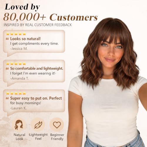 Image of Nnzes Brown Wigs for Women 16 Inch Synthetic Short Curly Wig with Bangs