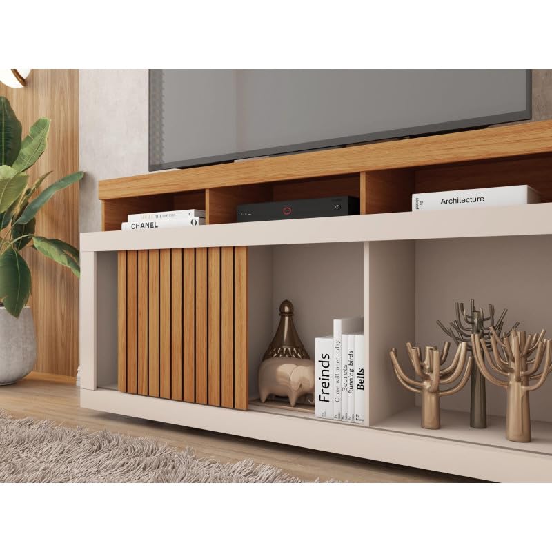 Meuble TV 55 Pouces Chêne et Blanc Ecru 1 Porte 6 roulettes L 136 H 74 P 39 cm