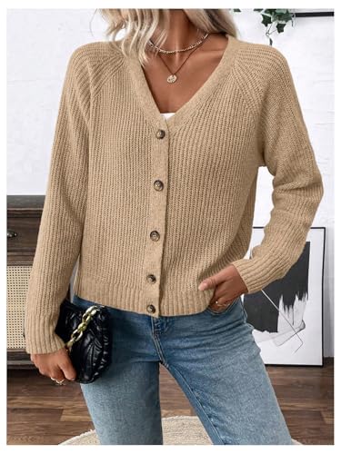 Image of MakeMeChic Women's V Neck Button Down Long Sleeve Cardigan Sweater Drop Shoulder Ribbed Knit Outerwear Brown Small