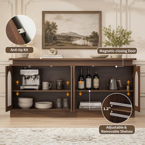 Image of LKTART 65.3 inch Sideboard Buffet Cabinet with Arched Doors LED Lights,Walnut