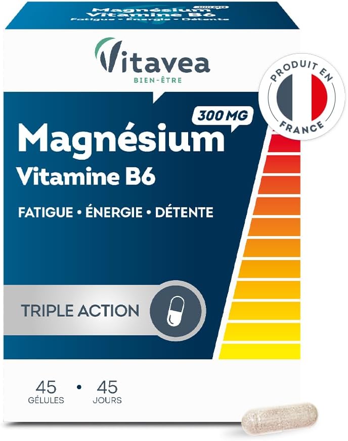 VITAVEA BIEN-ETRE – Magnesium 300 mg Vitamin B6 – Food Supplement Fatigue, Relaxation, Energy, Relaxation, Nervous Balance – Magnesium B6-45 capsules – 45 days cure – Made in France VITAVEA BIEN-ETRE – Magnesium 300 mg Vitamin B6 – Food Supplement Fatigue, Relaxation, Energy, Relaxation, Nervous Balance – Magnesium B6-45 capsules – 45 days cure – Made in France