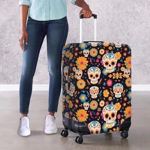 Skull Pattern Dustproof Travel Cover for 18-32 Inch Cartoon Flower Suitcase Halloween Skeleton Washable Polyester Luggage Covers With Zipper Gifts for Women Girls -L4
