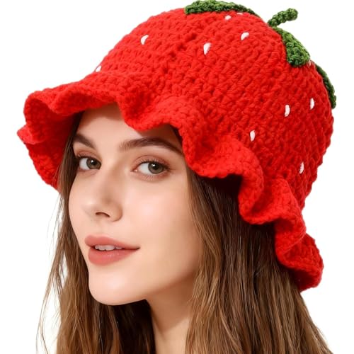 Busnos Strawberry Crochet Bucket Hats for Women Handmade Hat Womens Red Beanie Cute Foldable Knitted Hats for Women