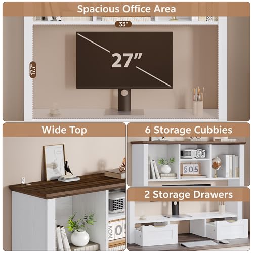 Image of Desk Shelf with Computer Monitor Stand, 37.4''W Desktop Bookshelf Display Rack, Desktop Organizer Storage Rack with Cubbies & Drawers, 5-Tier Hutch for Home, Office, Dorm, Vanity, White&Brown