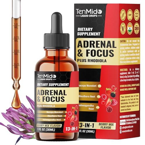 Tenmido 13in1 Adrenal & Focus Support Supplements Liquid Drops with Astragalus Wood Betony Rhodiola Ashwagandha Bacopa Eleuthero Gotu Kola Holy Basil and More - 30 Days Supply - 1FL Oz