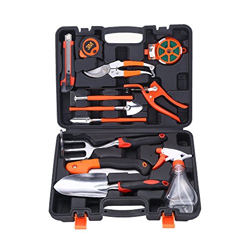 COLMAX 13PCS Mixed General GARDEN Tool Kit, Portable DIY Tool Set, with Plastic Tool box Storage Case, Gardening Gloves/Digging Claw Tools/Planting Tools/Rake/Shovel/Trowel/Sprayer