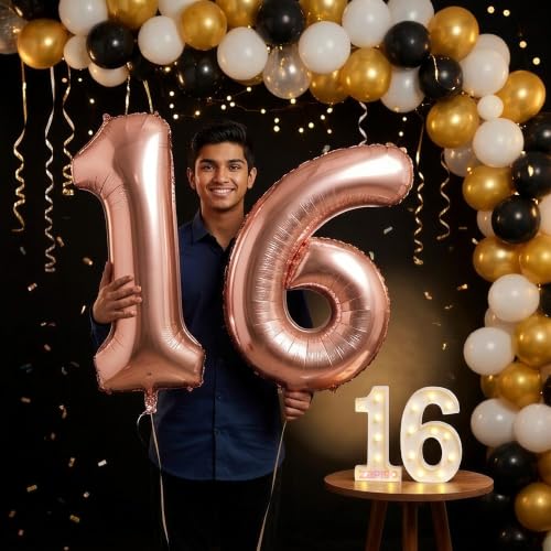 Image of Balloonistics Rose Gold 40-Inch Foil Number 16 Balloon with Matching LED Marquee Light - Combo Set for 16th Birthday, Anniversary, Party Decoration, Photo Booth Backdrop