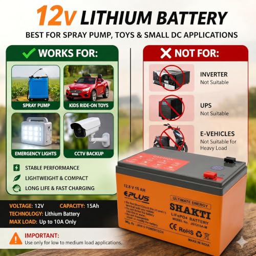 Image of EPLUS Shakti 12V 15Ah Lithium Battery with BMS | 5X Life vs Lead Acid | Fast Charging | for Solar, Spray Pump, Toys