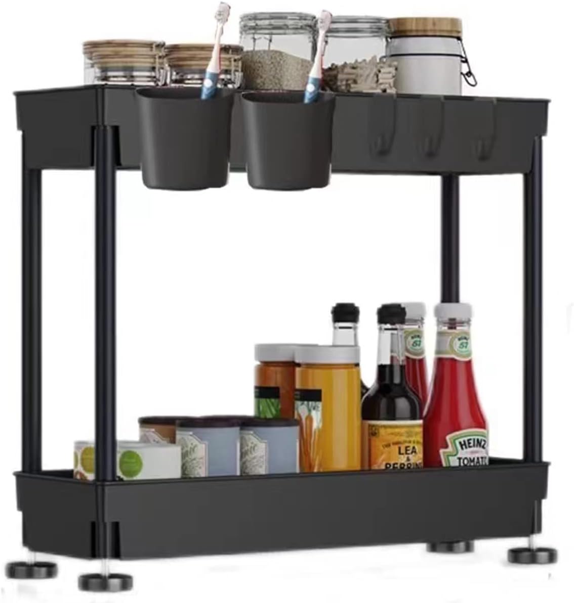 Under Sink Organizer and Storage, 2 Tier Under Bathroom Cabinet Storage Rack with 3 Hooks 2 Hanging Cups, Multi-purpose Under Sink Shelf Organizer for Bathroom Kitchen (Black)