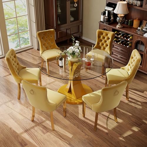 Image of 7-Piece Dining Table Set with 47In Tempered Glass Table and 6 Velvet Upholstered Chairs, Modern Scandinavian Furniture for Dining Room Kitchen(Yellow&Gold)