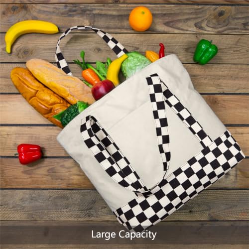 Image of TOPDesign 1-Pack Canvas Tote Bag with an External Pocket, Reusable Grocery Shopping Bag, Top Zipper Closure, Daily Essentials (Checkerboard /Natural)