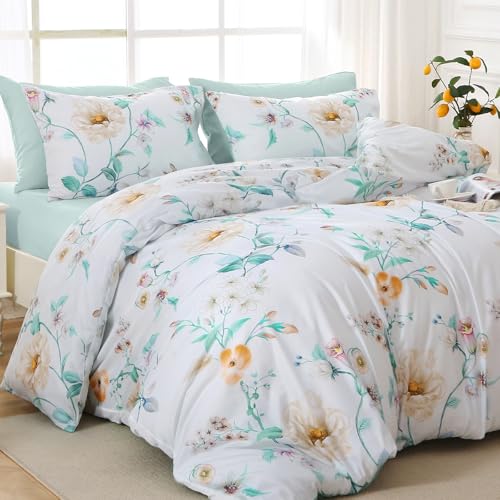Image of MUXHOMO Green Branch Full Comforter Set, Elegant Floral Print Bed in a Bag 7 Pieces, Ultra Soft & Breathable Reversible Botanical Pattern Bedding Set with Comforter, Sheets, Pillowcases, and Shams