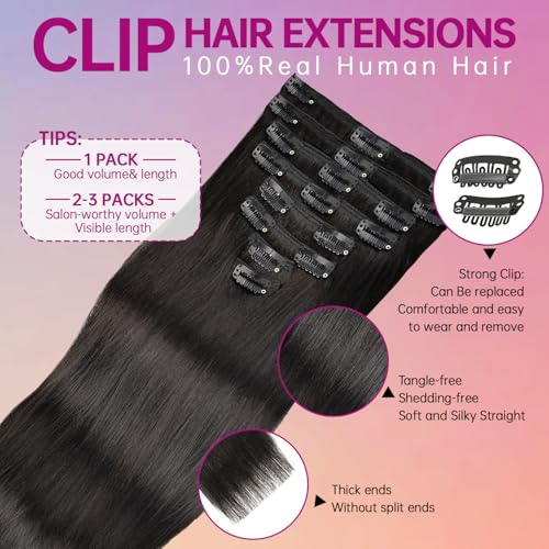Image of Invisible Clip in Hair Extensions Real Human Hair 20 Inch 8pcs /105g | Real Remy Seamless Straight Hair Extensions Clip Ins for Women (Cabello Humano), 1B Natural Black