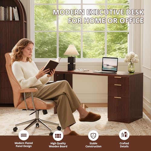 FURSUN 58" Modern Executive Desk with Storage, Home Office Desk with Drawer & Cabinet, Wooden Fluted Desk for Study, Living Room, Bedroom (Dark Walnut)