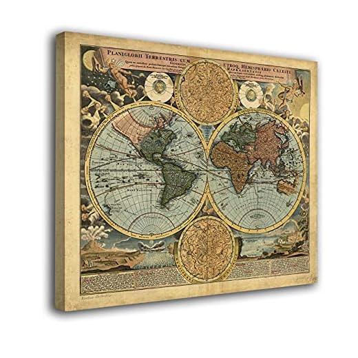Genérico Cuadro lienzo canvas Mapa antiguo Vintage Mapamundi – Varias medidas - Lienzo de tela bastidor madera de 3 cm - Alta resolucion (60, 52)