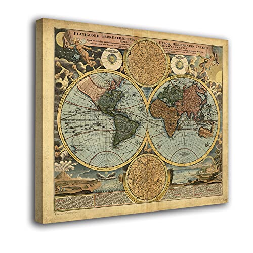 Genérico Cuadro lienzo canvas Mapa antiguo Vintage Mapamundi – Varias medidas - Lienzo de tela bastidor madera de 3 cm - Alta resolucion (50, 43)