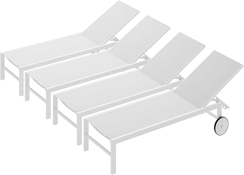 SUNLEI Patio Chaise Lounge Outdoor Set of 2, Pool Lounge Chairs for Outside w/5-Position Adjustable Backrest & All Weather, Tanning Recliner Chair for Pool Beach Deck White, 4 Pieces