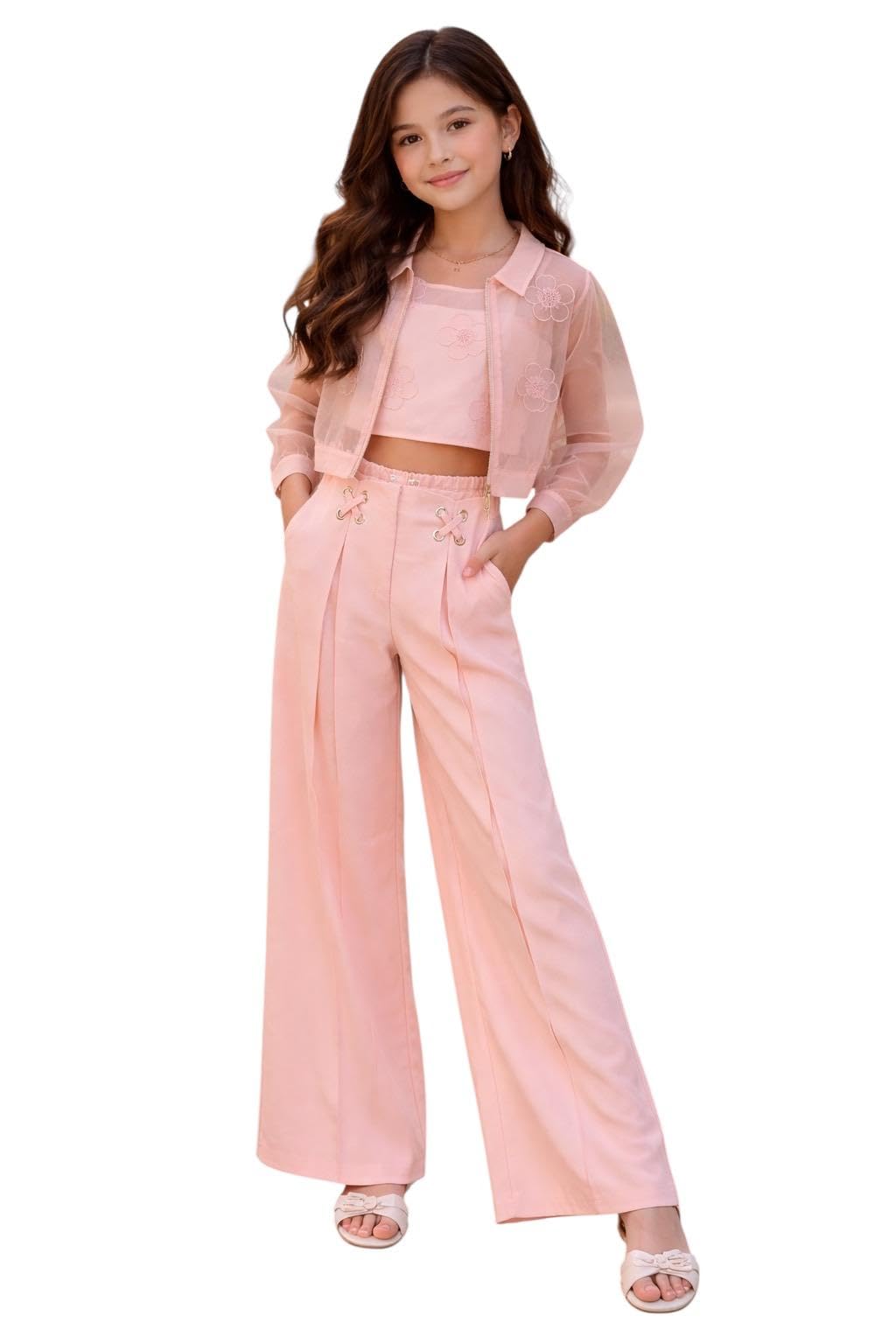 Completo cerimonia Abel & Lula con pantalone, top e giacchina chiffon e voile salmone ragazza 8 anni - 128 cm