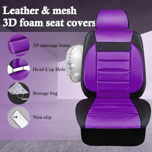 Image of CAR PASS Leather Car Seat Covers Front Seats Only, Universal Fit 3D Foam Support Car Seat Covers for Trucks Vans SUVs Comfortable Automotive Interior Airbag Compatible 2 Pieces (Black Purple