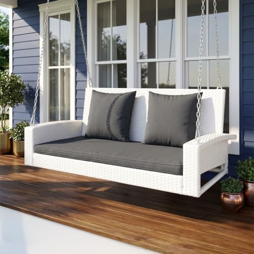Image of DEVOKO All Weather Resistant Rattan Wicker Double Seater Sofa Swing with Cushions for Garden, Poolside, Terrace, Balcony (White & Dark Grey)