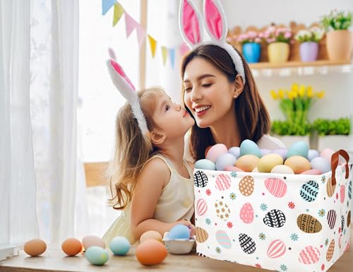 Image of Rectangle Empty Easter Baskets Boy Large Toy Storage Bin Girls collapsible Hamper Waterproof Canvas Box Kid Gifts Spring Decor( Flower Egg )