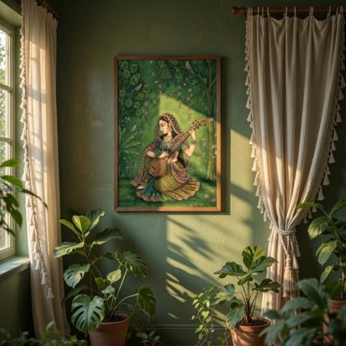 Image of Livin'luxe Indian Classical Musician Lady Wall Art with Wooden Frame | Traditional Folk HD UV Laminated Print on MDF | Vintage Cultural Painting for Living Room Bedroom Decor 13.5 x 19.5 Inch