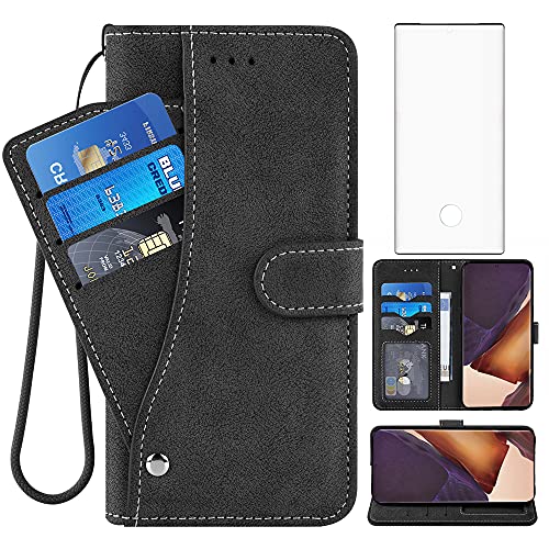Compatible with Samsung Galaxy Note 20 Ultra Glaxay Note20 Plus 5G Wallet Case and Tempered Glass Screen Protector Flip Cover Phone Cases for Gaxaly Notes 20Ultra Note20+ U + 20+ Twenty Not S20 Black