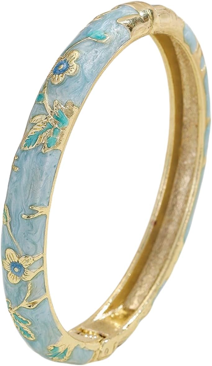 Cloisonne Bracelet For Women, Chunky Bangle Trendy Cute Flower Enamel Bangles Multi Tone Engraved Cuff Gold Plated Bracelets Stackable Wife Jewelry Friendship Gift - Image 2