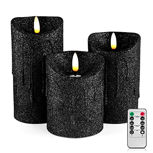 Image of CVHOMEDECO. Set of 3 Glitter Flameless Candles Flickering Battery Operated LED Candles for Home, Wedding, Halloween, Christmas Decor. Black (Black) | Flickering LED, Battery Operated, Wedding Decor, Holiday Decor